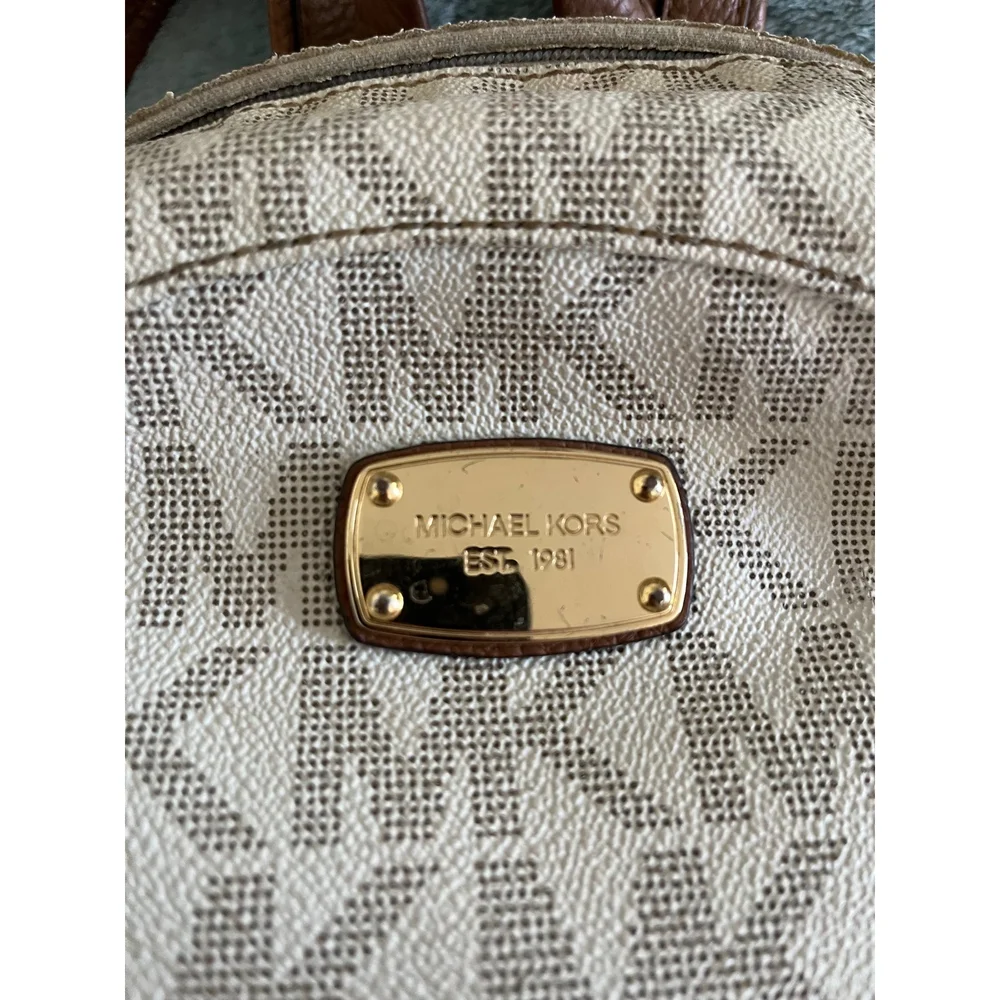 Michael Kors Abbey Studded Signature Logo Backpack Cream Tan‎ Gold Studs